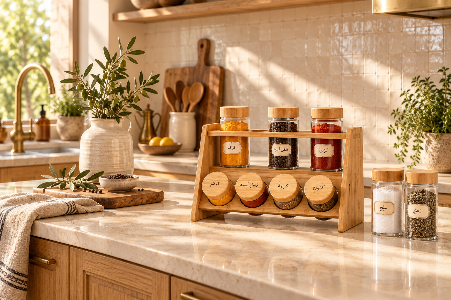 Présentoir à Épices en Bois avec Pots en Verre