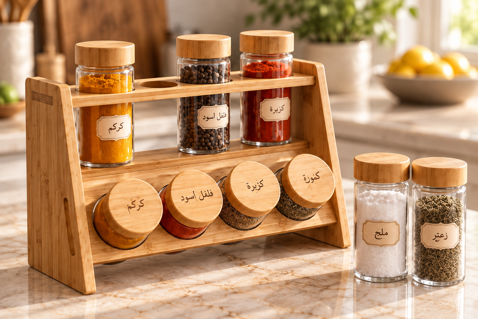 Détail de Présentoir à Épices en Bois avec Pots en Verre