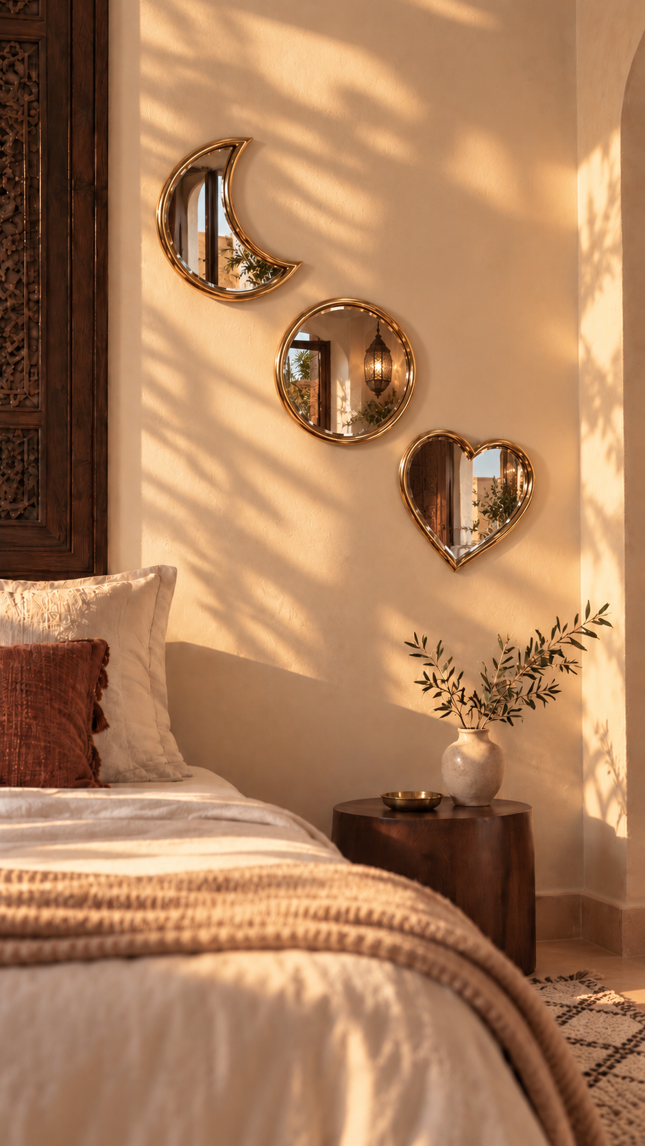 Trio de Miroirs Marocains Dorés — En cuivre — Cœur, Cercle & Hilal